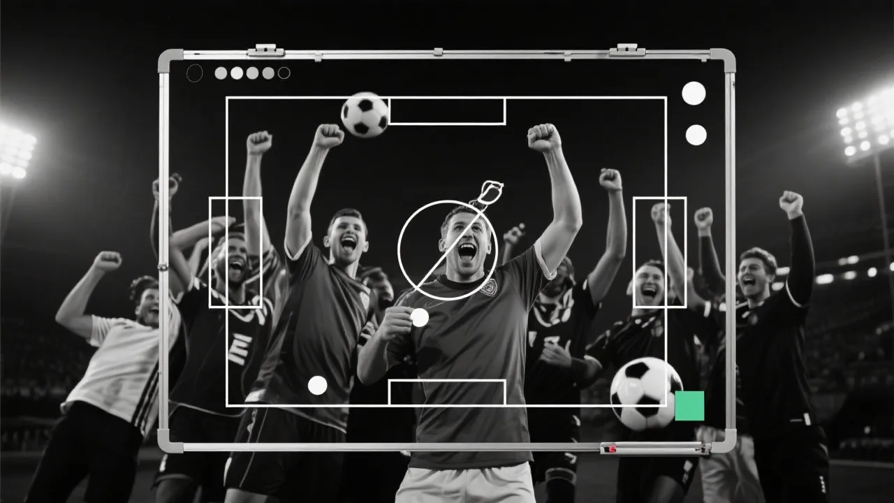 淘汰赛关键瞬间：球员在聚光灯下庆祝与战术板叠加的视觉示意